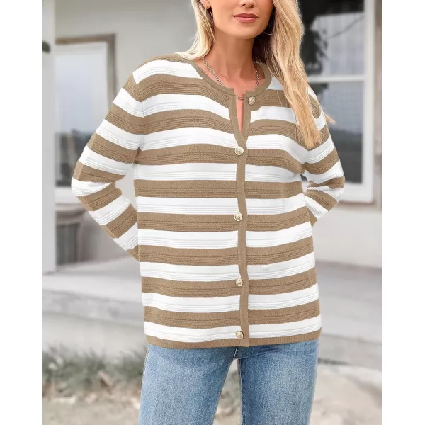 BTFBM Striped Cardigan Sweaters for Women Trendy Fall 2024 Long Sleeve Button Down Lady Jacket Open Front Knit CardigansKhaki White