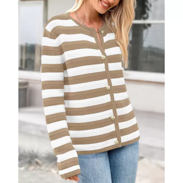 BTFBM Striped Cardigan Sweaters for Women Trendy Fall 2024 Long Sleeve Button Down Lady Jacket Open Front Knit CardigansKhaki White