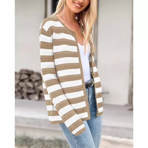 BTFBM Striped Cardigan Sweaters for Women Trendy Fall 2024 Long Sleeve Button Down Lady Jacket Open Front Knit CardigansKhaki White