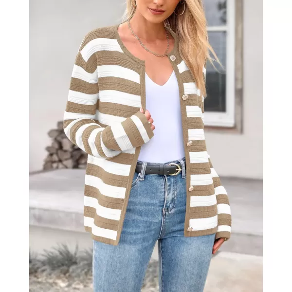 BTFBM Striped Cardigan Sweaters for Women Trendy Fall 2024 Long Sleeve Button Down Lady Jacket Open Front Knit CardigansKhaki White
