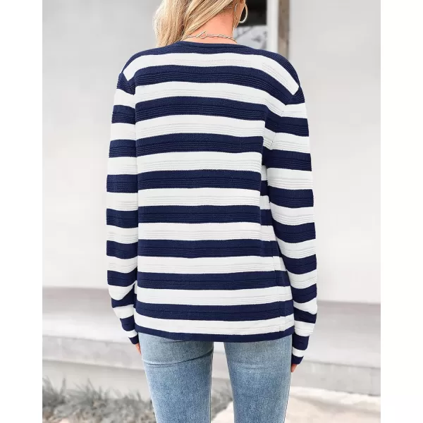 BTFBM Striped Cardigan Sweaters for Women Trendy Fall 2024 Long Sleeve Button Down Lady Jacket Open Front Knit CardigansNavy White