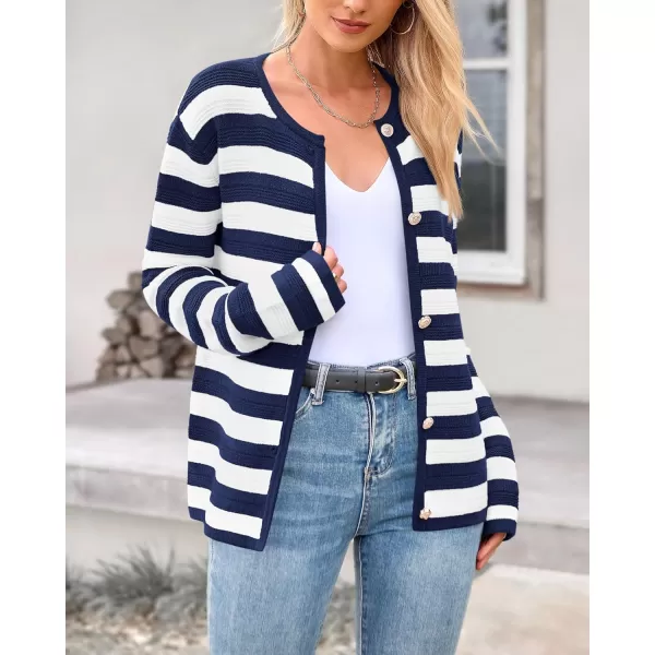 BTFBM Striped Cardigan Sweaters for Women Trendy Fall 2024 Long Sleeve Button Down Lady Jacket Open Front Knit CardigansNavy White