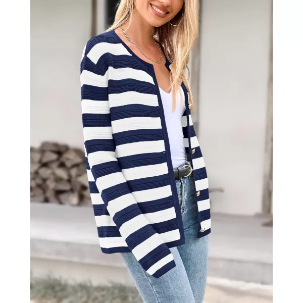 BTFBM Striped Cardigan Sweaters for Women Trendy Fall 2024 Long Sleeve Button Down Lady Jacket Open Front Knit CardigansNavy White