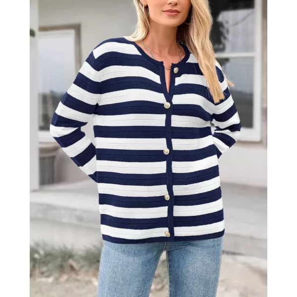BTFBM Striped Cardigan Sweaters for Women Trendy Fall 2024 Long Sleeve Button Down Lady Jacket Open Front Knit CardigansNavy White