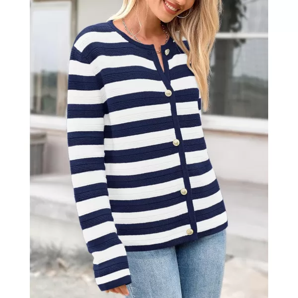 BTFBM Striped Cardigan Sweaters for Women Trendy Fall 2024 Long Sleeve Button Down Lady Jacket Open Front Knit CardigansNavy White