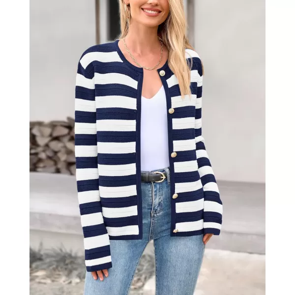 BTFBM Striped Cardigan Sweaters for Women Trendy Fall 2024 Long Sleeve Button Down Lady Jacket Open Front Knit CardigansNavy White