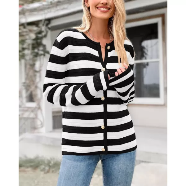 BTFBM Striped Cardigan Sweaters for Women Trendy Fall 2024 Long Sleeve Button Down Lady Jacket Open Front Knit CardigansWhite Black