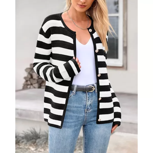 BTFBM Striped Cardigan Sweaters for Women Trendy Fall 2024 Long Sleeve Button Down Lady Jacket Open Front Knit CardigansWhite Black