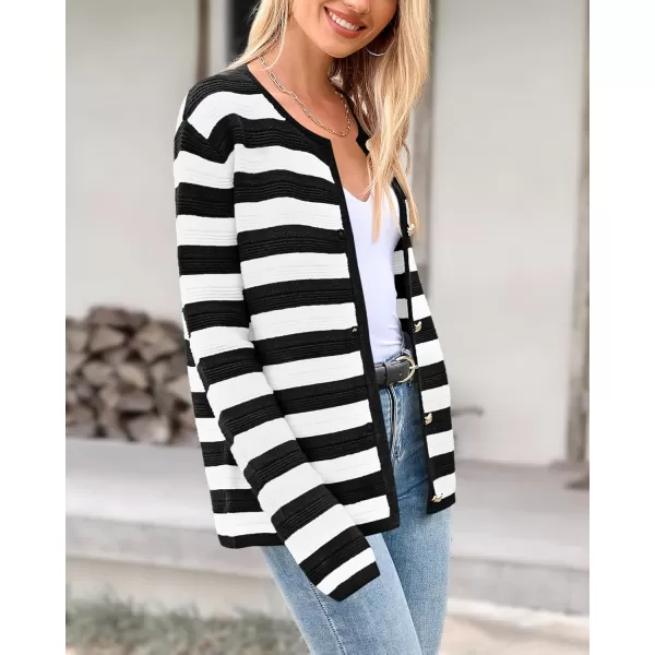 BTFBM Striped Cardigan Sweaters for Women Trendy Fall 2024 Long Sleeve Button Down Lady Jacket Open Front Knit CardigansWhite Black