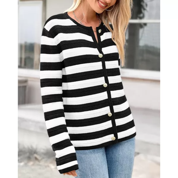 BTFBM Striped Cardigan Sweaters for Women Trendy Fall 2024 Long Sleeve Button Down Lady Jacket Open Front Knit CardigansWhite Black