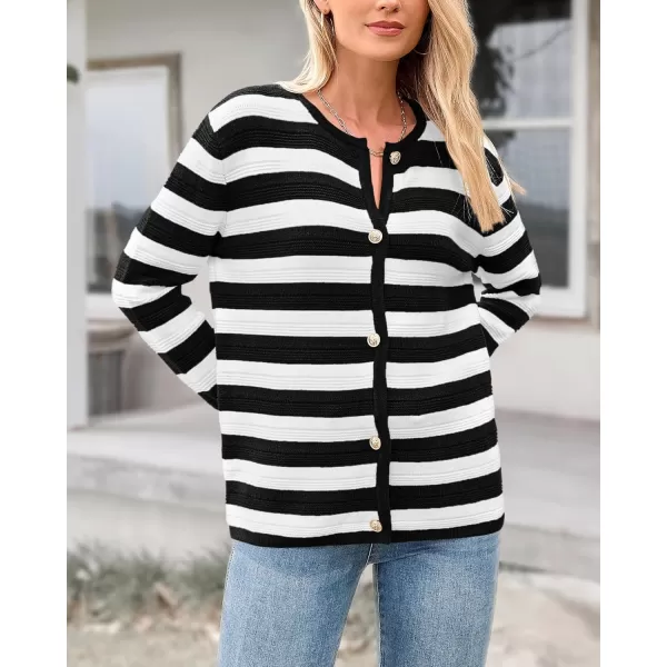 BTFBM Striped Cardigan Sweaters for Women Trendy Fall 2024 Long Sleeve Button Down Lady Jacket Open Front Knit CardigansWhite Black