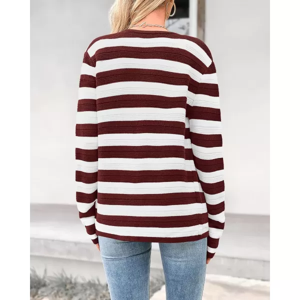 BTFBM Striped Cardigan Sweaters for Women Trendy Fall 2024 Long Sleeve Button Down Lady Jacket Open Front Knit CardigansWine Red White