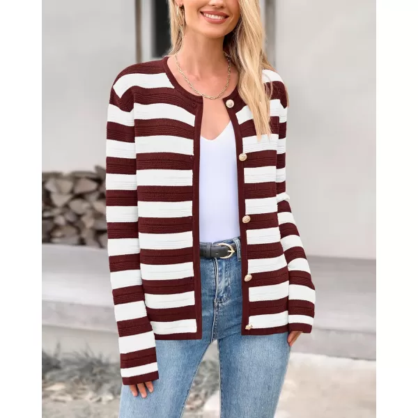 BTFBM Striped Cardigan Sweaters for Women Trendy Fall 2024 Long Sleeve Button Down Lady Jacket Open Front Knit CardigansWine Red White