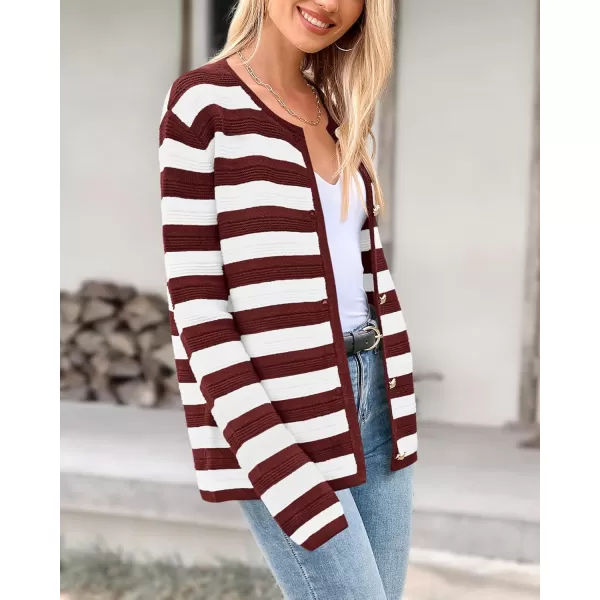 BTFBM Striped Cardigan Sweaters for Women Trendy Fall 2024 Long Sleeve Button Down Lady Jacket Open Front Knit CardigansWine Red White