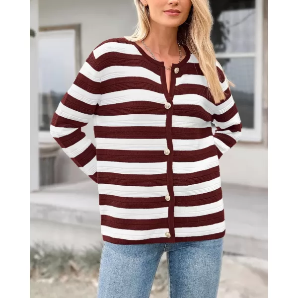 BTFBM Striped Cardigan Sweaters for Women Trendy Fall 2024 Long Sleeve Button Down Lady Jacket Open Front Knit CardigansWine Red White
