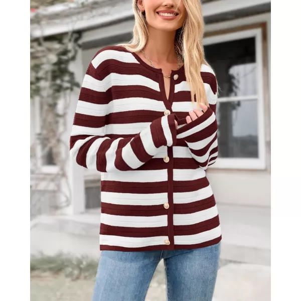 BTFBM Striped Cardigan Sweaters for Women Trendy Fall 2024 Long Sleeve Button Down Lady Jacket Open Front Knit CardigansWine Red White