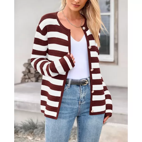 BTFBM Striped Cardigan Sweaters for Women Trendy Fall 2024 Long Sleeve Button Down Lady Jacket Open Front Knit CardigansWine Red White