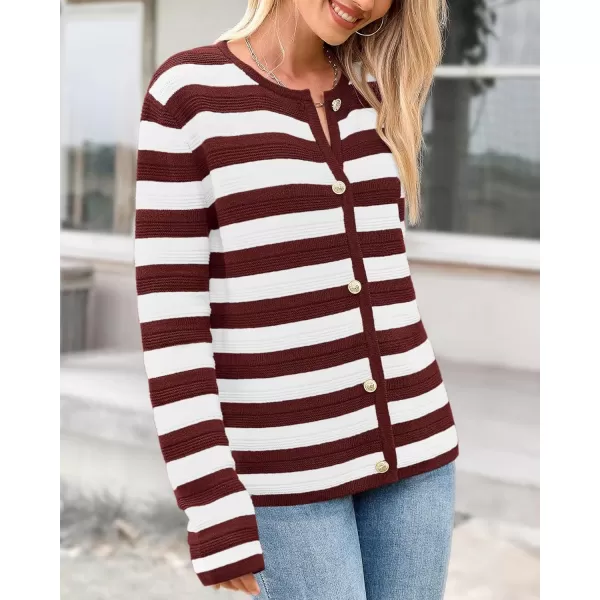 BTFBM Striped Cardigan Sweaters for Women Trendy Fall 2024 Long Sleeve Button Down Lady Jacket Open Front Knit CardigansWine Red White