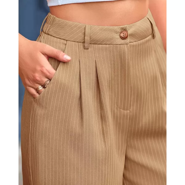 BTFBM Wide Leg Pants for Women Dressy Elastic High Waisted Business Casual Outfits Striped Office Work Palazzo TrousersKhaki