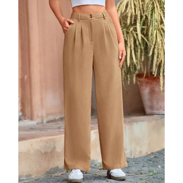 BTFBM Wide Leg Pants for Women Dressy Elastic High Waisted Business Casual Outfits Striped Office Work Palazzo TrousersKhaki