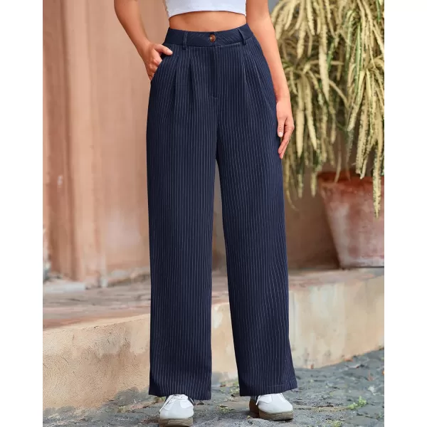 BTFBM Wide Leg Pants for Women Dressy Elastic High Waisted Business Casual Outfits Striped Office Work Palazzo TrousersNavy