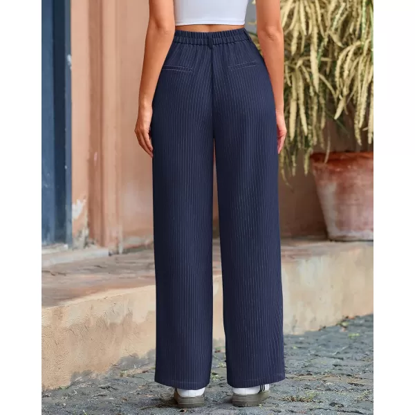 BTFBM Wide Leg Pants for Women Dressy Elastic High Waisted Business Casual Outfits Striped Office Work Palazzo TrousersNavy
