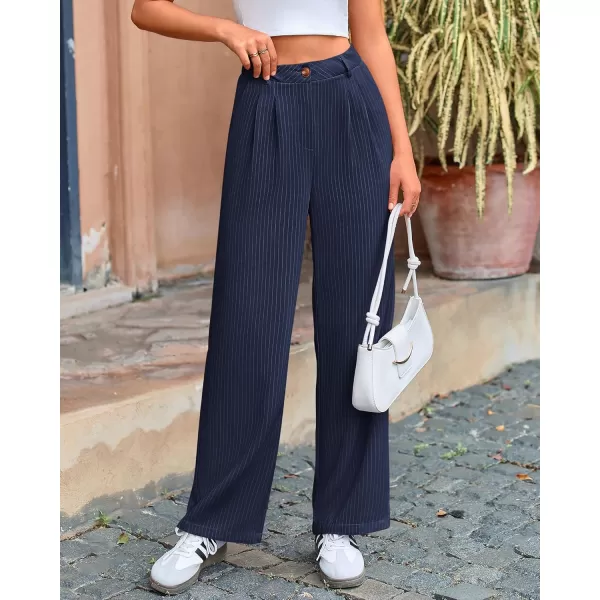 BTFBM Wide Leg Pants for Women Dressy Elastic High Waisted Business Casual Outfits Striped Office Work Palazzo TrousersNavy