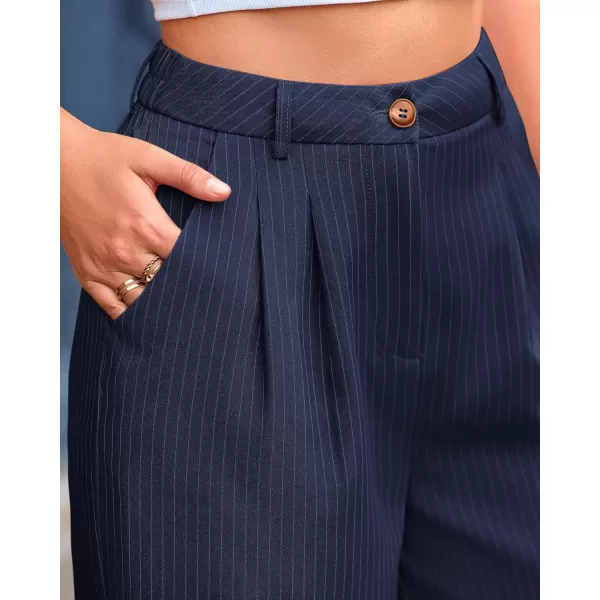 BTFBM Wide Leg Pants for Women Dressy Elastic High Waisted Business Casual Outfits Striped Office Work Palazzo TrousersNavy