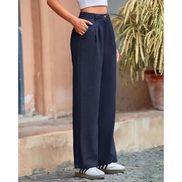 BTFBM Wide Leg Pants for Women Dressy Elastic High Waisted Business Casual Outfits Striped Office Work Palazzo TrousersNavy