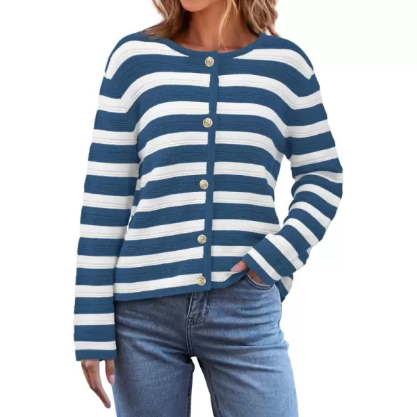 BTFBM Striped Cardigan Sweaters for Women Trendy Fall 2024 Long Sleeve Button Down Lady Jacket Open Front Knit CardigansGrey Blue White