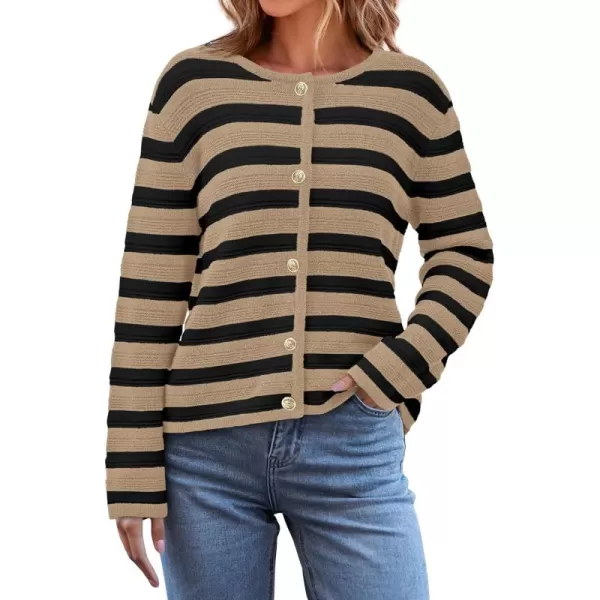 BTFBM Striped Cardigan Sweaters for Women Trendy Fall 2024 Long Sleeve Button Down Lady Jacket Open Front Knit CardigansKhaki Black