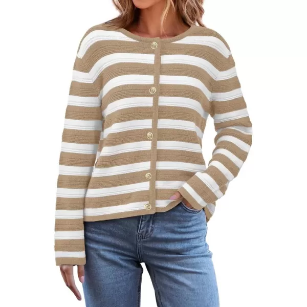 BTFBM Striped Cardigan Sweaters for Women Trendy Fall 2024 Long Sleeve Button Down Lady Jacket Open Front Knit CardigansKhaki White