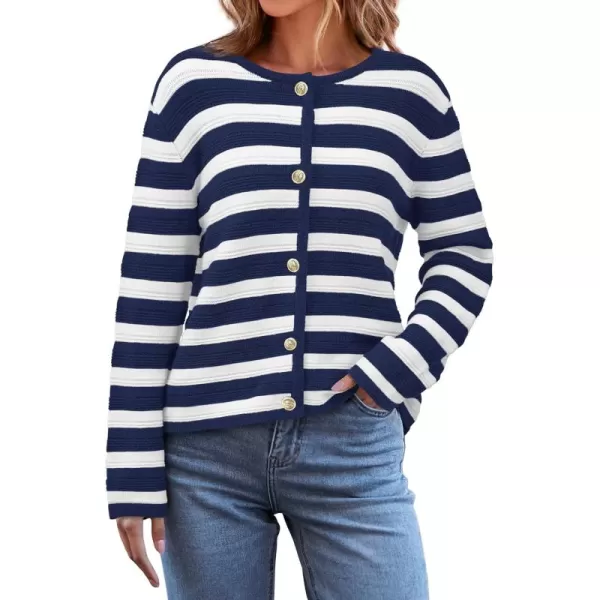 BTFBM Striped Cardigan Sweaters for Women Trendy Fall 2024 Long Sleeve Button Down Lady Jacket Open Front Knit CardigansNavy White