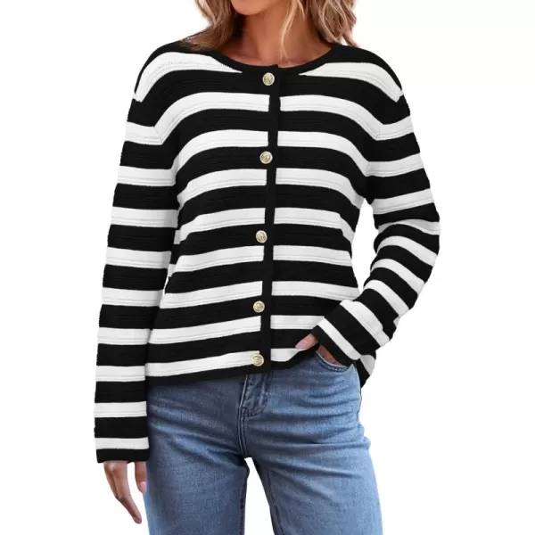 BTFBM Striped Cardigan Sweaters for Women Trendy Fall 2024 Long Sleeve Button Down Lady Jacket Open Front Knit CardigansWhite Black