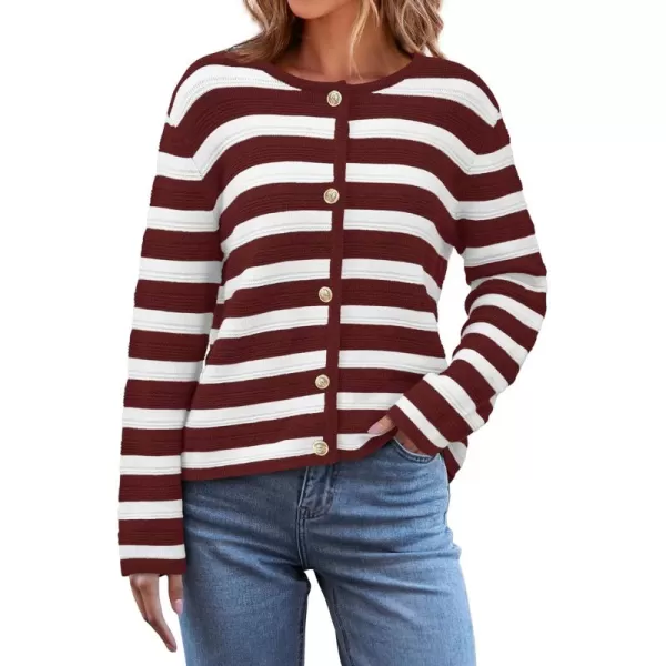 BTFBM Striped Cardigan Sweaters for Women Trendy Fall 2024 Long Sleeve Button Down Lady Jacket Open Front Knit CardigansWine Red White