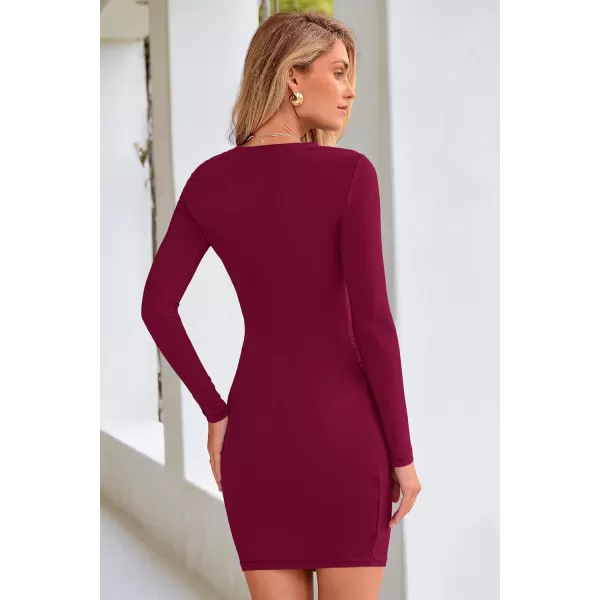 BTFBM Womens Fall Fashion 2024 Long Sleeve Boat Neck Mini Dress Slim Fit Party Club Short Tight Basic Bodycon DressesWine Red