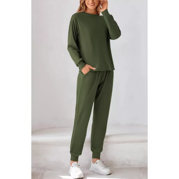 BTFBM Womens Two Piece Tracksuit Fall Long Sleeve Ribbed Knit Sweatshirt Long Pants With Drawstring Sweatsuit SetsSolid Army Green