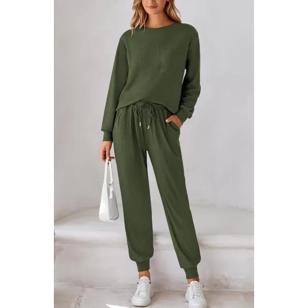 BTFBM Womens Two Piece Tracksuit Fall Long Sleeve Ribbed Knit Sweatshirt Long Pants With Drawstring Sweatsuit SetsSolid Army Green