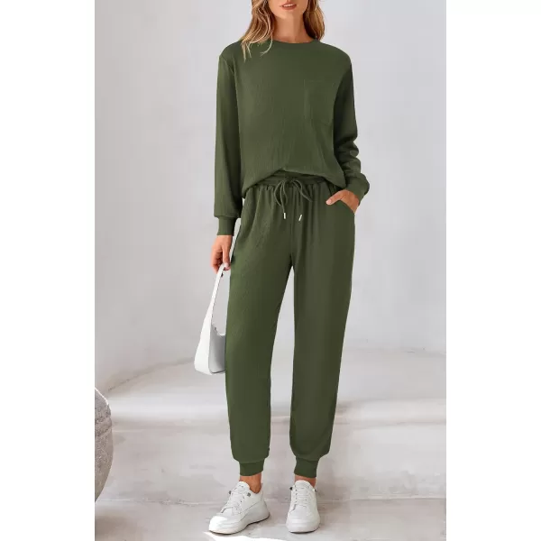 BTFBM Womens Two Piece Tracksuit Fall Long Sleeve Ribbed Knit Sweatshirt Long Pants With Drawstring Sweatsuit SetsSolid Army Green