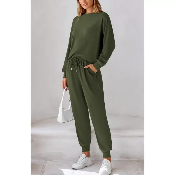 BTFBM Womens Two Piece Tracksuit Fall Long Sleeve Ribbed Knit Sweatshirt Long Pants With Drawstring Sweatsuit SetsSolid Army Green