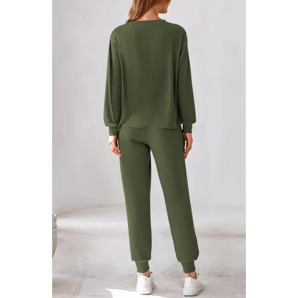 BTFBM Womens Two Piece Tracksuit Fall Long Sleeve Ribbed Knit Sweatshirt Long Pants With Drawstring Sweatsuit SetsSolid Army Green