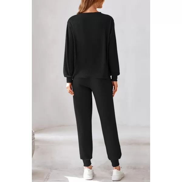 BTFBM Womens Two Piece Tracksuit Fall Long Sleeve Ribbed Knit Sweatshirt Long Pants With Drawstring Sweatsuit SetsSolid Black