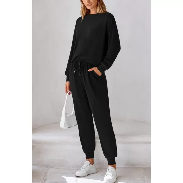 BTFBM Womens Two Piece Tracksuit Fall Long Sleeve Ribbed Knit Sweatshirt Long Pants With Drawstring Sweatsuit SetsSolid Black