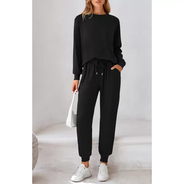 BTFBM Womens Two Piece Tracksuit Fall Long Sleeve Ribbed Knit Sweatshirt Long Pants With Drawstring Sweatsuit SetsSolid Black