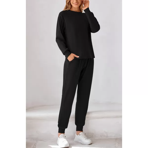 BTFBM Womens Two Piece Tracksuit Fall Long Sleeve Ribbed Knit Sweatshirt Long Pants With Drawstring Sweatsuit SetsSolid Black