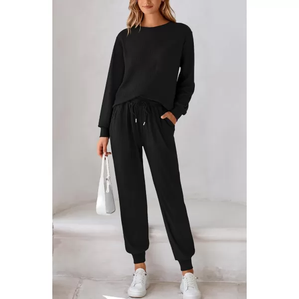 BTFBM Womens Two Piece Tracksuit Fall Long Sleeve Ribbed Knit Sweatshirt Long Pants With Drawstring Sweatsuit SetsSolid Black