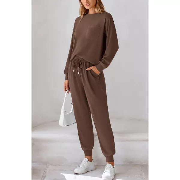 BTFBM Womens Two Piece Tracksuit Fall Long Sleeve Ribbed Knit Sweatshirt Long Pants With Drawstring Sweatsuit SetsSolid Coffee