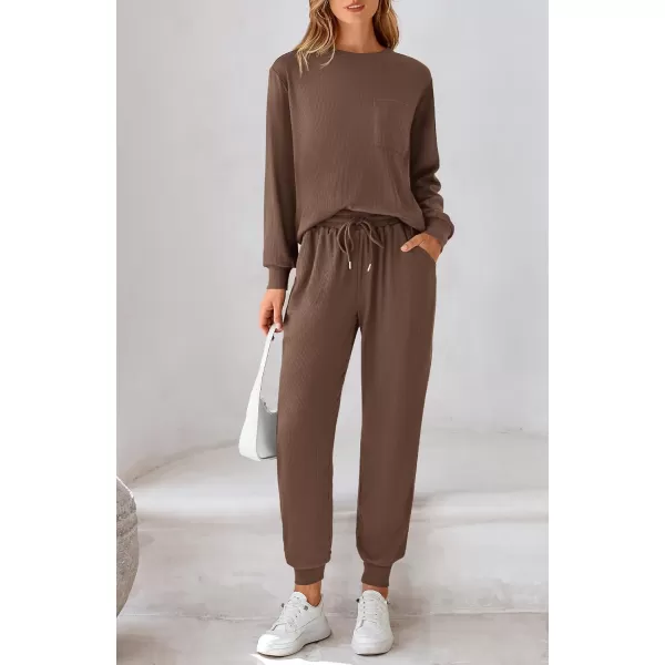 BTFBM Womens Two Piece Tracksuit Fall Long Sleeve Ribbed Knit Sweatshirt Long Pants With Drawstring Sweatsuit SetsSolid Coffee
