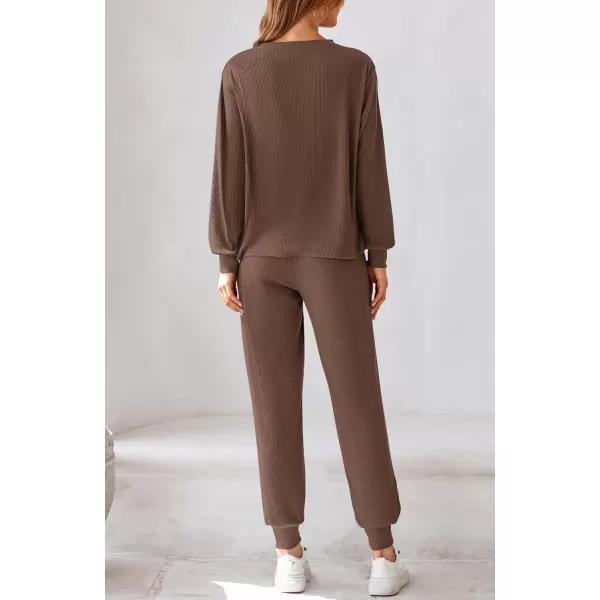 BTFBM Womens Two Piece Tracksuit Fall Long Sleeve Ribbed Knit Sweatshirt Long Pants With Drawstring Sweatsuit SetsSolid Coffee