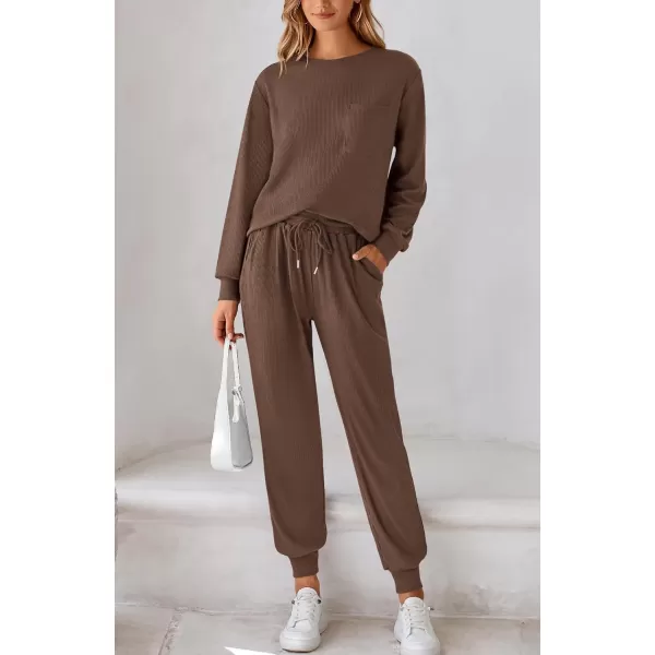 BTFBM Womens Two Piece Tracksuit Fall Long Sleeve Ribbed Knit Sweatshirt Long Pants With Drawstring Sweatsuit SetsSolid Coffee